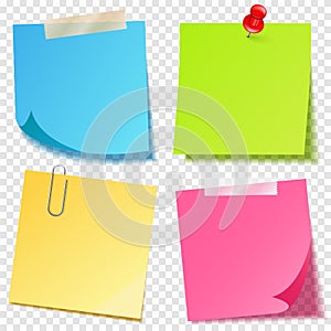 Realistic colorful blank sticky notes with clip binder. Colored sheets of note papers. Paper reminder. Vector