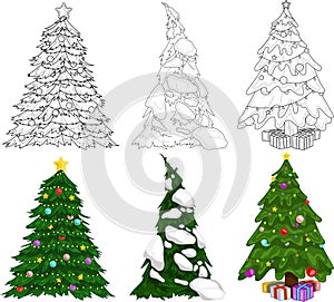 Realistic colorful Christmas New Year winter tree with decorations, presents and snow template set. Bright holiday cartoon vector