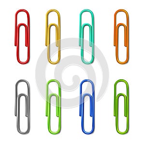 Realistic colorful collection of paperclips. Isolated on white background photo