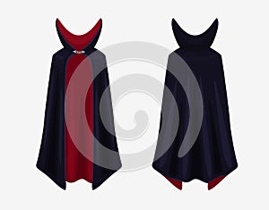 Realistic colorful dracula cape vector graphic illustration. Black and red vampire carnival costume