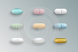 Realistic colorful medical pills, tablets, capsules