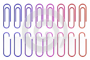 Realistic colorful metal paper clips isolated on white background. Page holder, binder. Vector illustration.