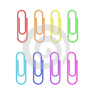 Realistic Colorful Paper Clip Attachment Set with shadow. Attach file business document. Paperclip icon. Vector illustration