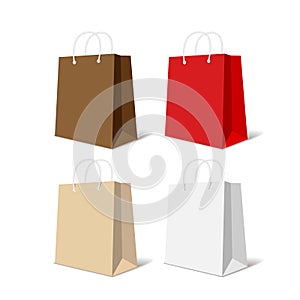 Realistic colorful paper shopping bag set isolated on white background vector illustration.