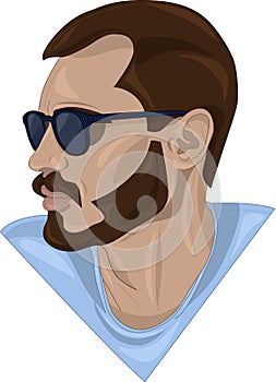 Realistic colorful portarit of a brunette guy in sunglasses template. photo