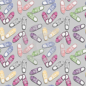 Realistic colorful sport gumshoes. Seamless pattern