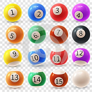 Realistic colorful vector set of glossy 3D billiard balls. Balls for pool or snooker.