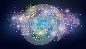 Realistic colourful fireworks burst in night sky background. Summer festival, anniversary or christmas celebration