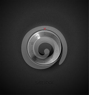 Realistic combination safe lock metal and plastic element on textured black background. Stainless steel round scale. Vector icon