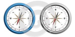 Realistic Compasses - Blue And Silver Metallic Vector Illustrations - Isolated On White Background