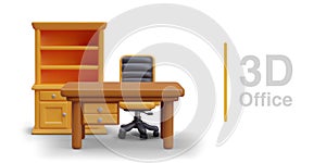Realistic composition with wooden table, office chair and big bookshelf