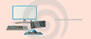 Realistic computer accessories. Wide monitor, video card, keyboard, mouse with pad