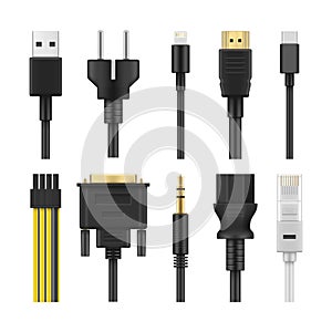 Realistic computer cables set vector illustration universal USB connector and display port