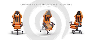 Realistic computer chair in different positions. Gaming chair with headrest, armrests, wheels