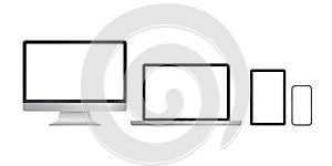 Realistic computer laptop smartphone and tablet. Monitor screen display template. Vector stock illustration.