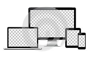 Realistic computer, laptop, tablet and mobile phone with transparent wallpaper screen isolated