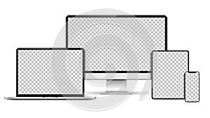 Realistic computer, laptop, tablet, smartphone mockup. Set technology devices with empty display
