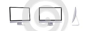 Realistic computer mockup in front, side and angle view isolated on white background. 3D Silver modern flat monitor for