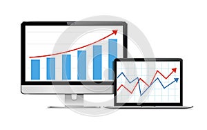 Realistic computer monitor and laptop mock up with analytics dashboards