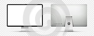 Realistic computer screen mockup. Computer display front and back view on transparent background