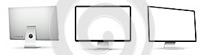 Realistic computer screen mockup. Computer display on three sides with blank screen. Front and back view of computer display