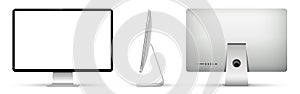Realistic computer on three sides with blank screen. Front, side and back view of computer display