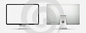 Realistic computer transparent screen mockup. Computer display front and back view on transparent background