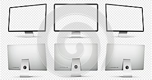 Realistic computer transparent screen mockup. Computer display front and back view on transparent background