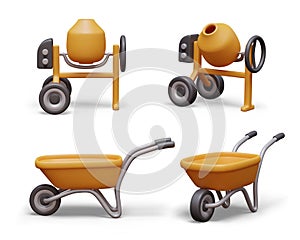 Realistic concrete mixer with empty drum, wheelbarrow. Vector elements in different positions