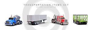 Realistic concrete mixer, refrigerator semitrailer, tow truck, straight utility trailer