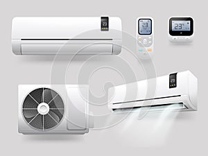 Realistic conditioner. Air conditioners with ionizer refreshing cool aires purifier on ac energy, split system remote photo