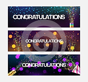 Realistic congratulations banner collection with place for text confetti cracker vector illustration