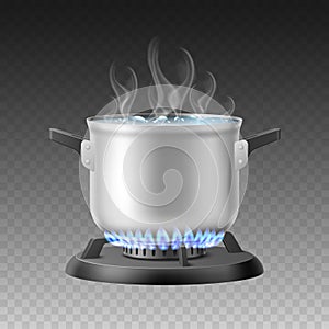 Realistic cooking boiling water. Heated steel pot on gas burner, isolated on transparent background 3d silver cookware