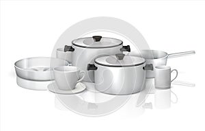 Realistic cookware. 3D kitchen utensils and crockery, steel kitchenware and white dishes. Vector isolated set of cooking