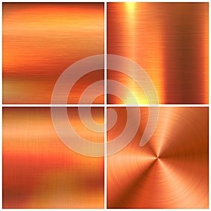 Realistic copper banners collection. Brushed stainless steel plate. Polished metal surface. Scratched industrial texture