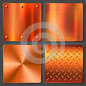 Realistic copper banners collection. Brushed stainless steel plate. Polished metal surface. Scratched industrial texture