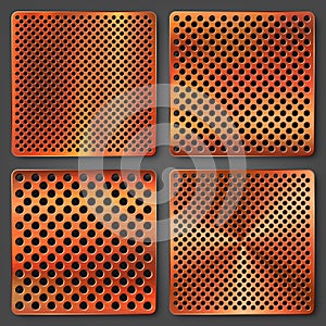 Realistic copper banners collection. Brushed stainless steel plate. Polished metal surface. Scratched industrial texture