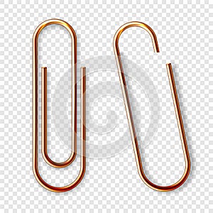 Realistic copper paperclip attached to paper isolated on white background. Shiny metal paper clip, page holder, binder