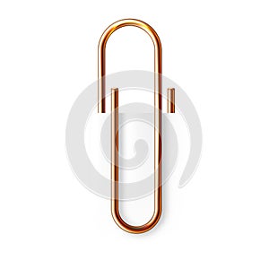 Realistic copper paperclip attached to paper isolated on white background. Shiny metal paper clip, page holder, binder