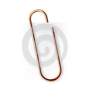 Realistic copper paperclip attached to paper isolated on white background. Shiny metal paper clip, page holder, binder