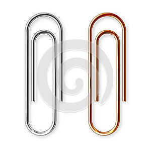 Realistic copper and steel paperclips attached to paper isolated on white background. Shiny metal paper clip, page