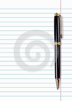 Realistic copybook page with black and gold pen. Paper background. Notebook and diary, education, organizer, copybook