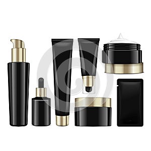 Realistic cosmetic black bottles with gold caps. Vector containers, tubes, sashet for cream, balsam, lotion, gel