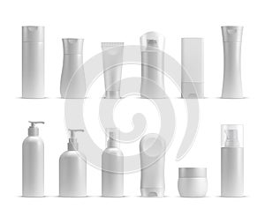 Realistic cosmetic bottles, cream jar and tube mockups. Shampoo, lotion, skin care, beauty and hygiene product plastic packages