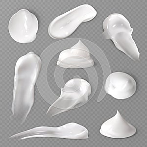 Realistic cosmetic cream smears. White creamy drop skincare cream product lotion thick fresh smooth smear vector texture