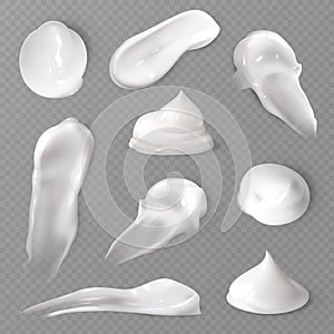 Realistic cosmetic cream smears. White creamy drop skincare cream product lotion thick fresh smooth smear vector texture photo