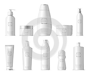 Realistic cosmetic package. Plastic cosmetic 3d bottles beauty care, body lotion, facial cream and liquid soap bottle