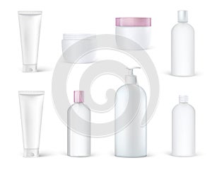 Realistic cosmetic packaging mockup. Bath soap, foam, shampoo, skin care jar. Cosmetic plastic containers and boxes