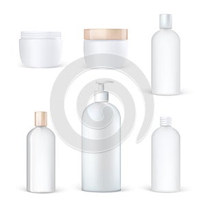 Realistic cosmetic packaging set of clean plastic bottles, blank lotion shampoo tube, care cream boxes.