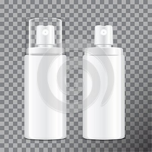 Realistic Cosmetic spray bottle. Dispenser for cream, balsam and other cosmetics. With lid and without. Vector Template